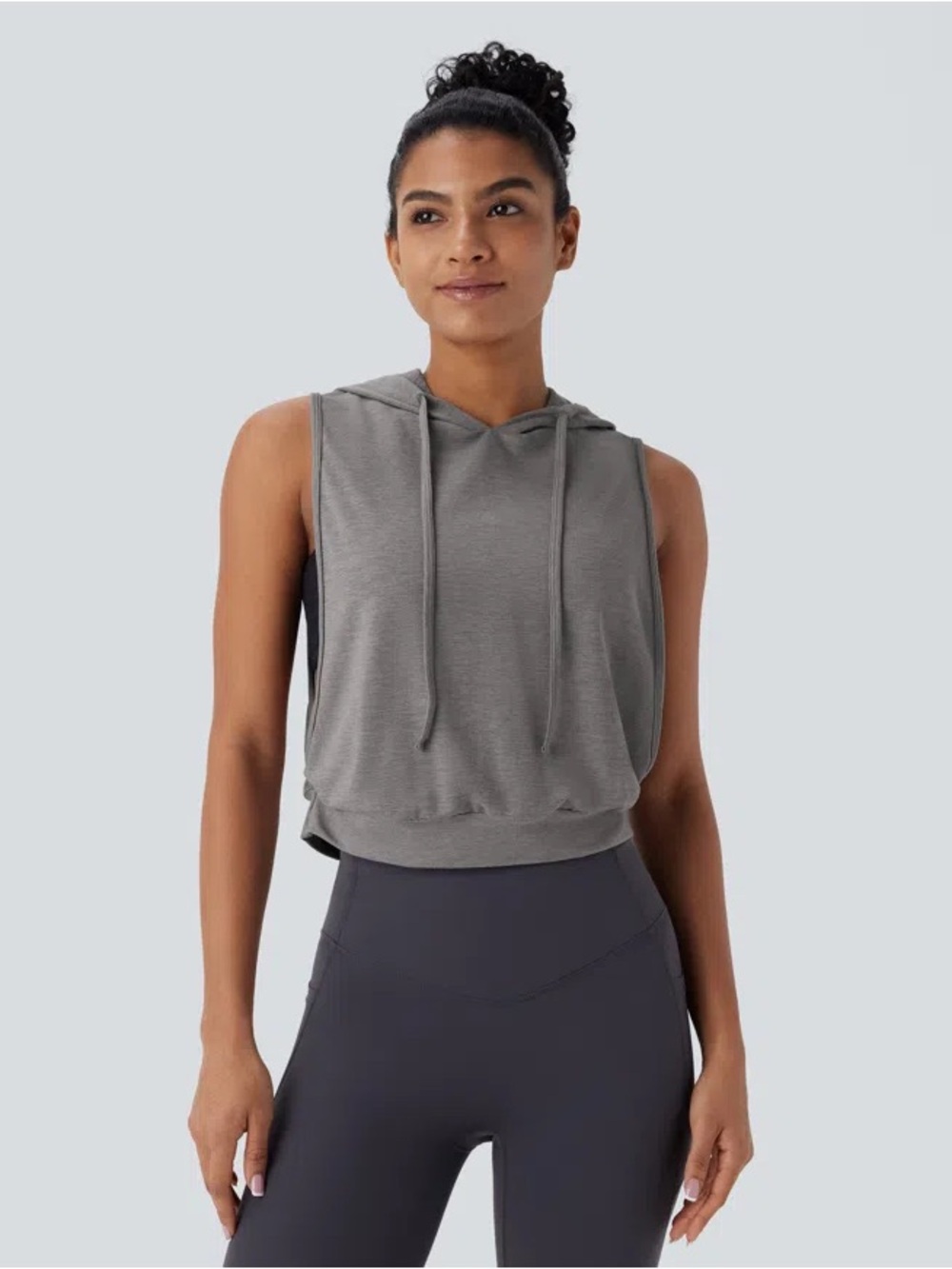 NWT Halara Hooded Drawstring Sleeveless Cropped Running Tank Top Earth Gray